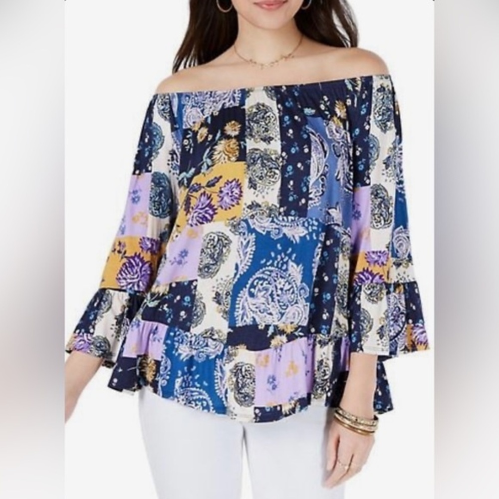 Style & Co on or off shoulder boho patchwork print long bell sleeve top size XS
